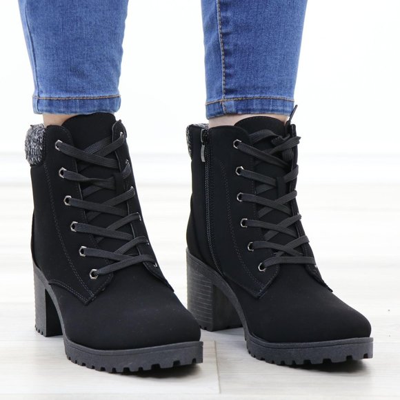 Nubuck Lug Chunky Heel Warm Lining Black Ankle Boots - Picture 3 of 12